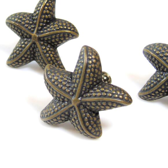 Antique Bronze Drawer Pull Knob Set 4 Beach Starfish Sea Star Nautical w/ Screws - Picture 1 of 4